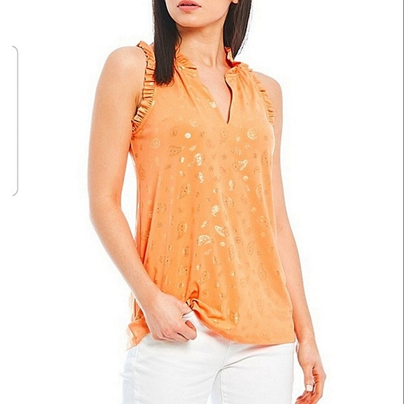 MICHAEL Michael Kors Tops - Michael Kors tangerine paisley gold foil dressy blouse XL